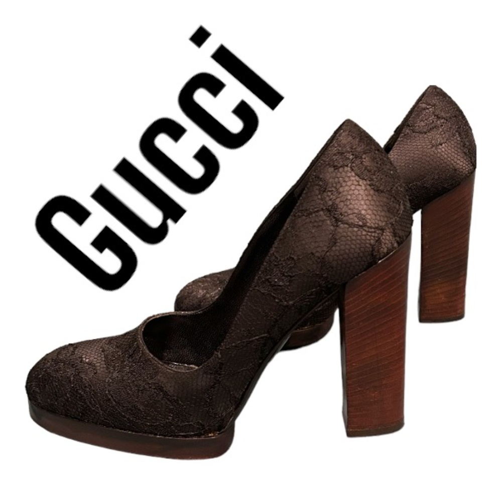 Gucci heels pumps black lace floral designer luxury fashion slip in platform